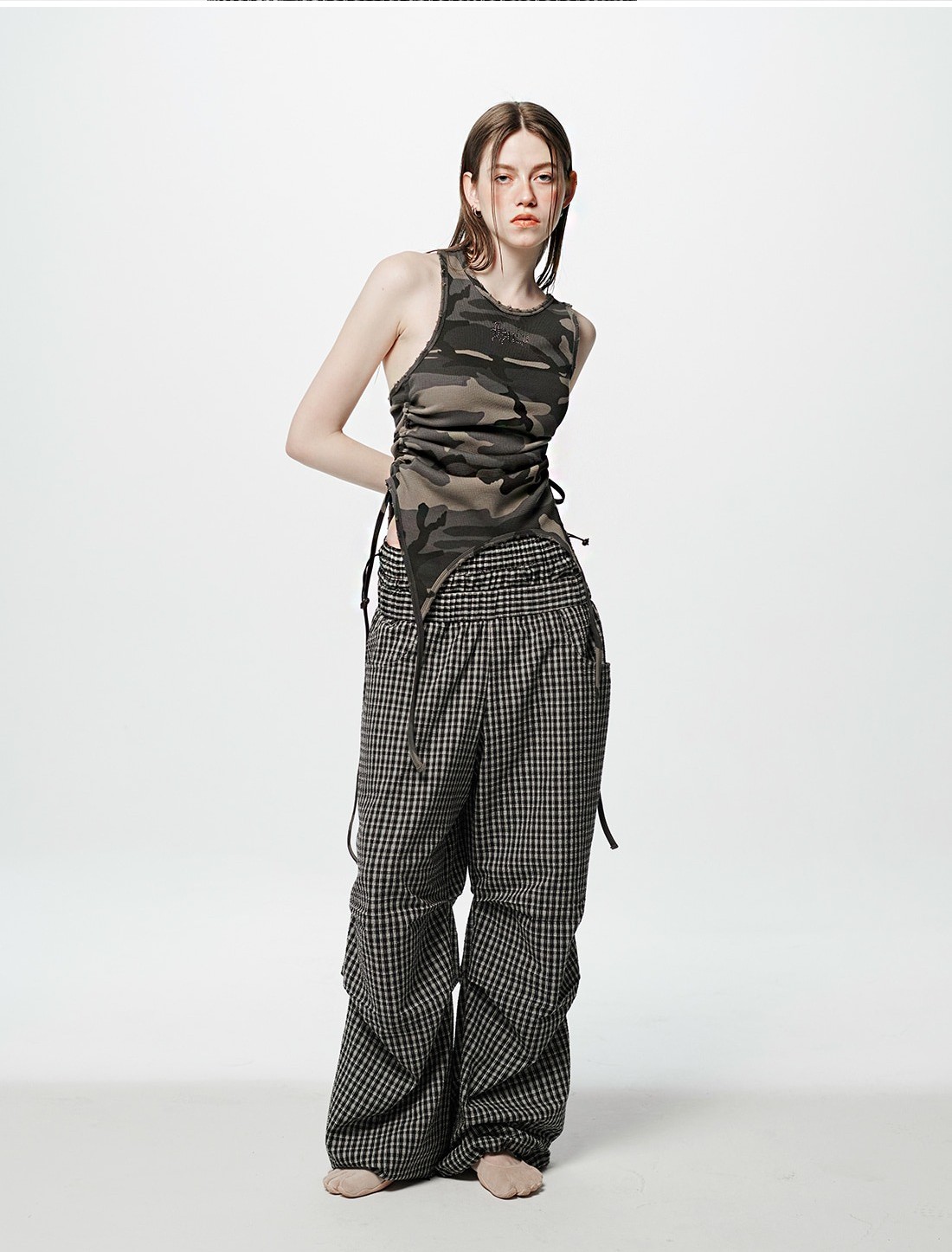 Back Slit Waffle Shirring Top _ Camo — HOLY NUMBER 7 | Flâneur Séoul