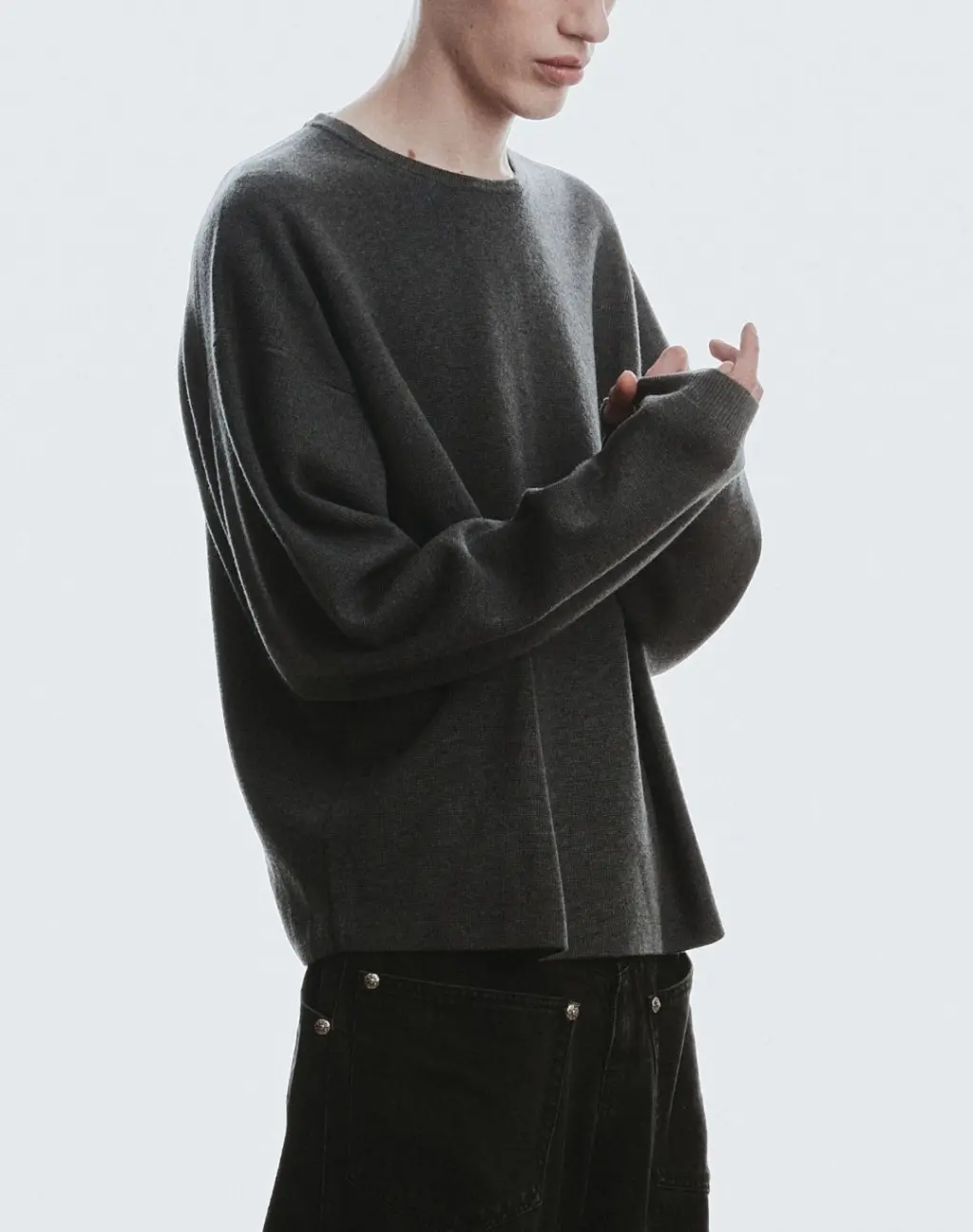 Grid Round Neck Knit [Melange Gray]