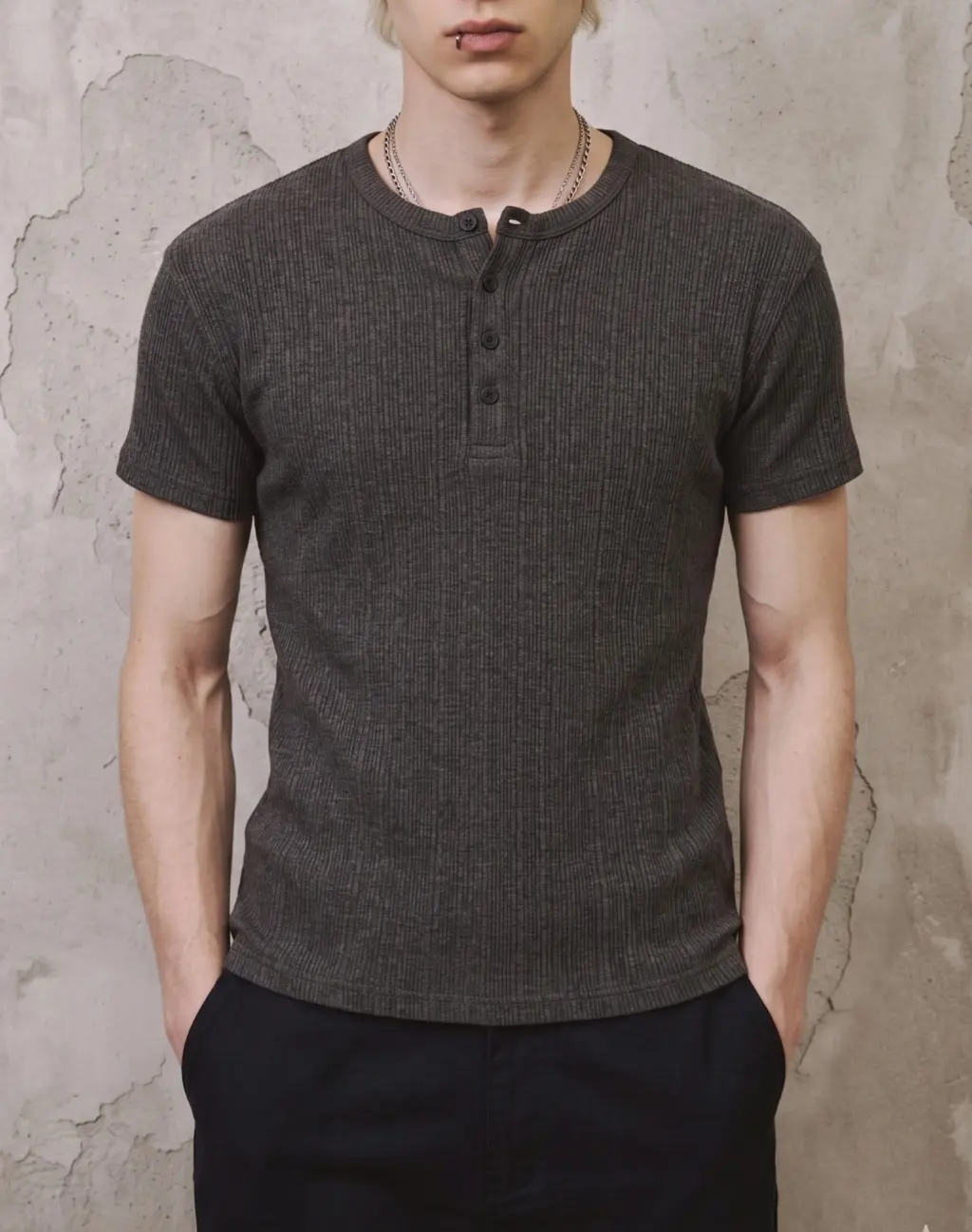 Ribbed Henley Neck Muscle Fit T-Shirt [Charcoal]