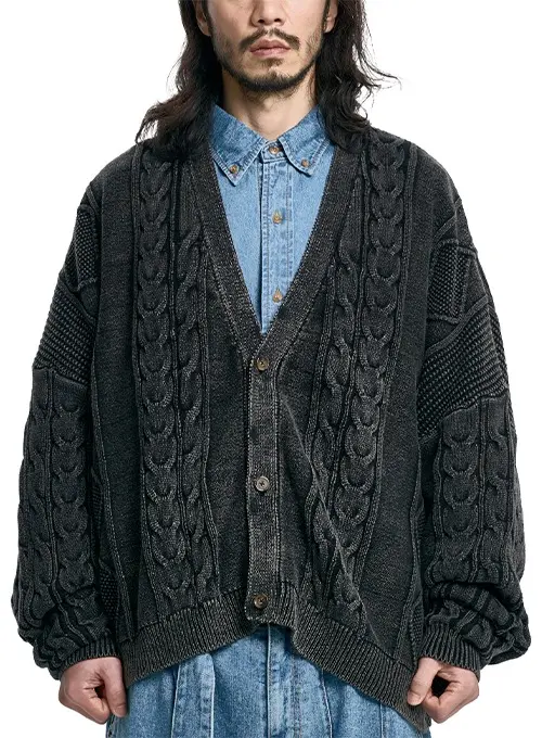 Cable Washed Cardigan [BLACK]