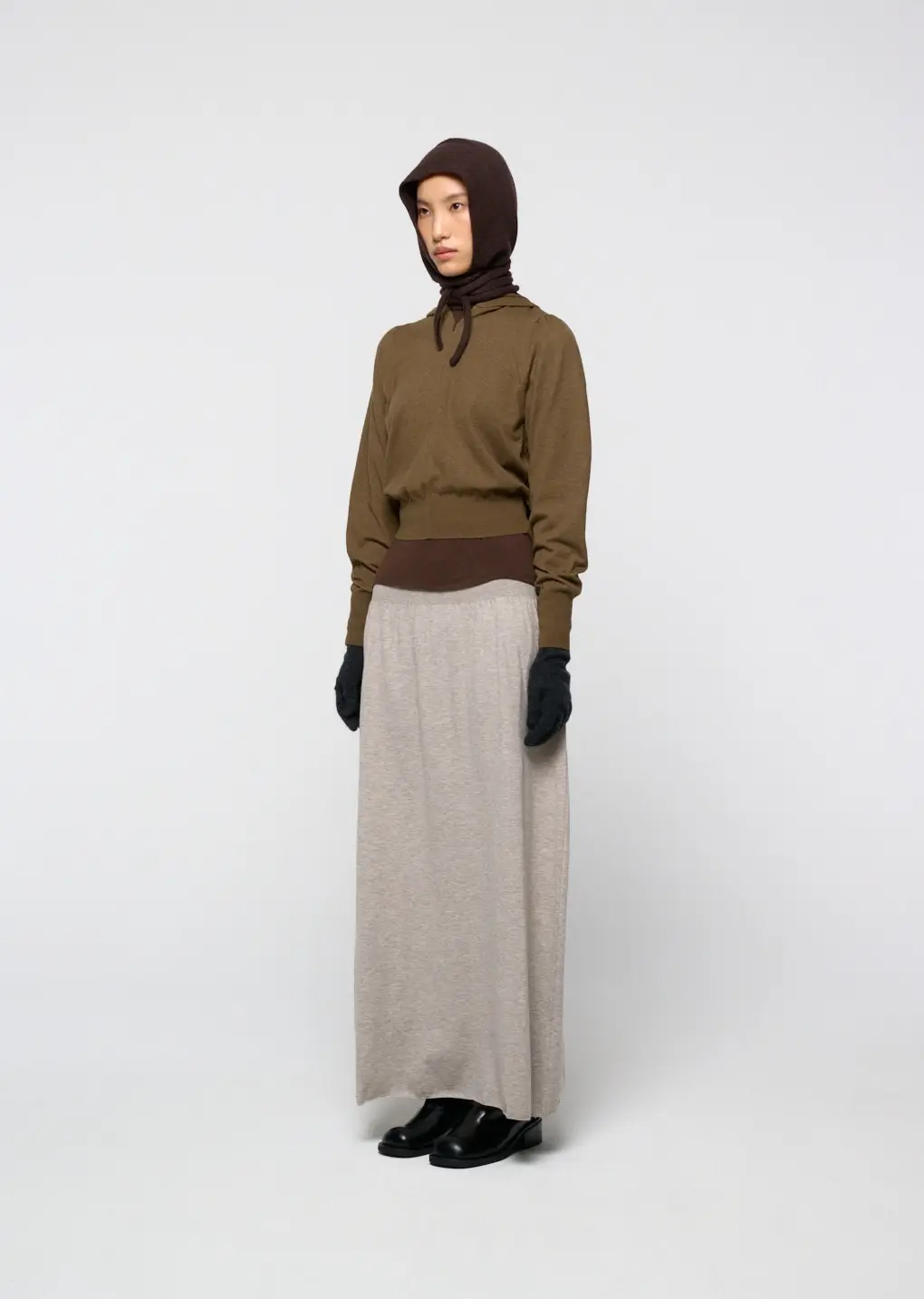 Ribbed shirring knit maxi dress, Beige