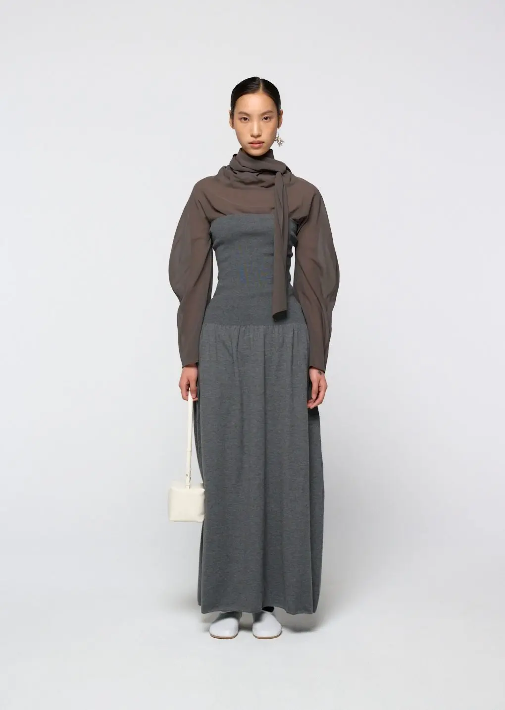 Ribbed shirring knit maxi dress, Grey