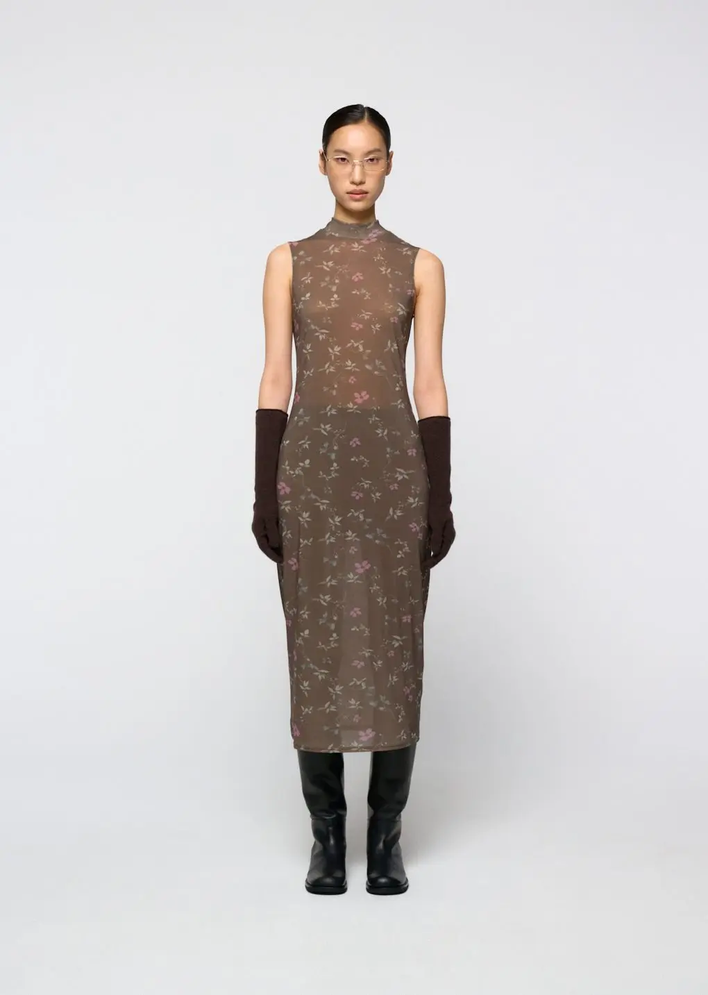 Floral sleeveless dress, Brown