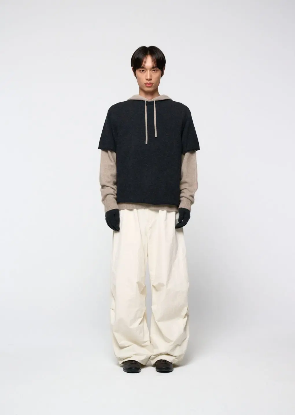 Drawstring wide fatigue pants, Ecru