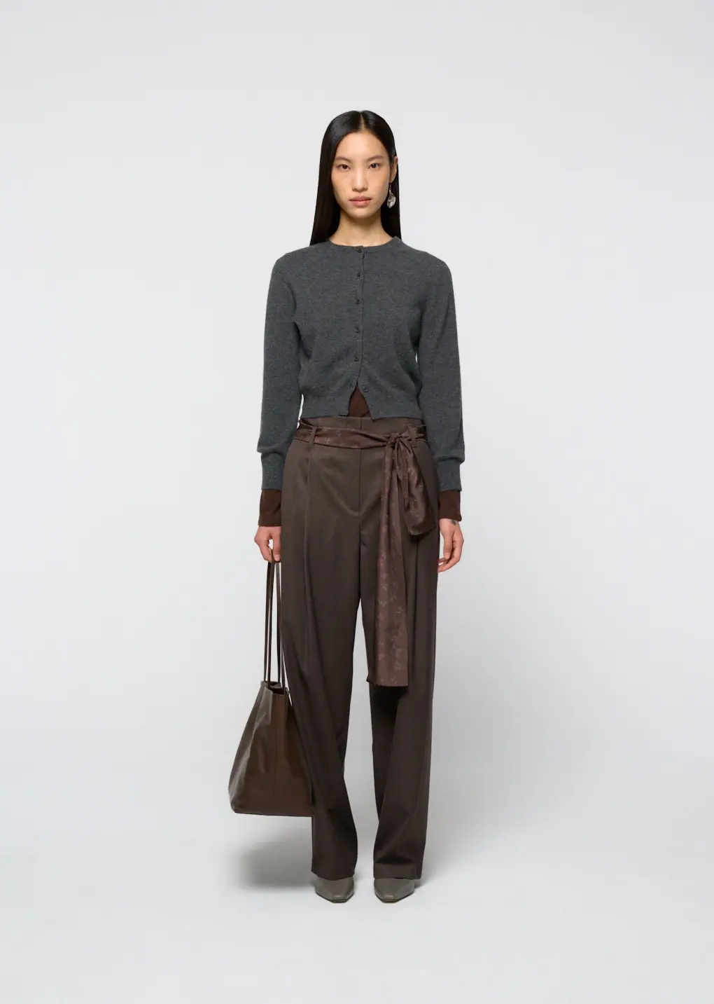 Cashmere Crewneck Cardigan, Melange Grey