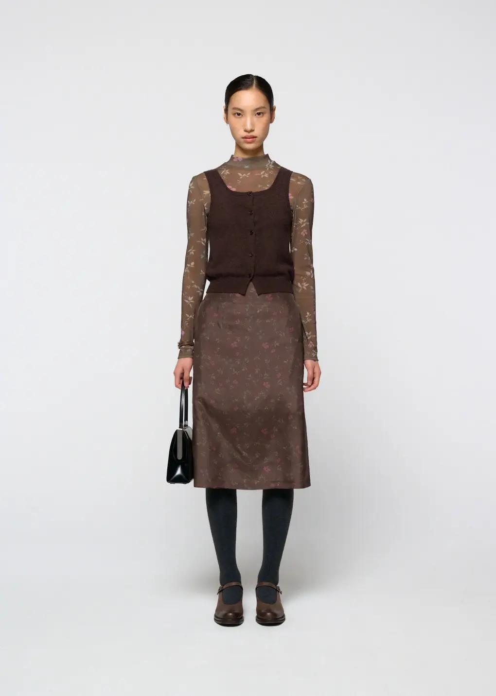 Cashmere Button Up U-neck Vest, Brown