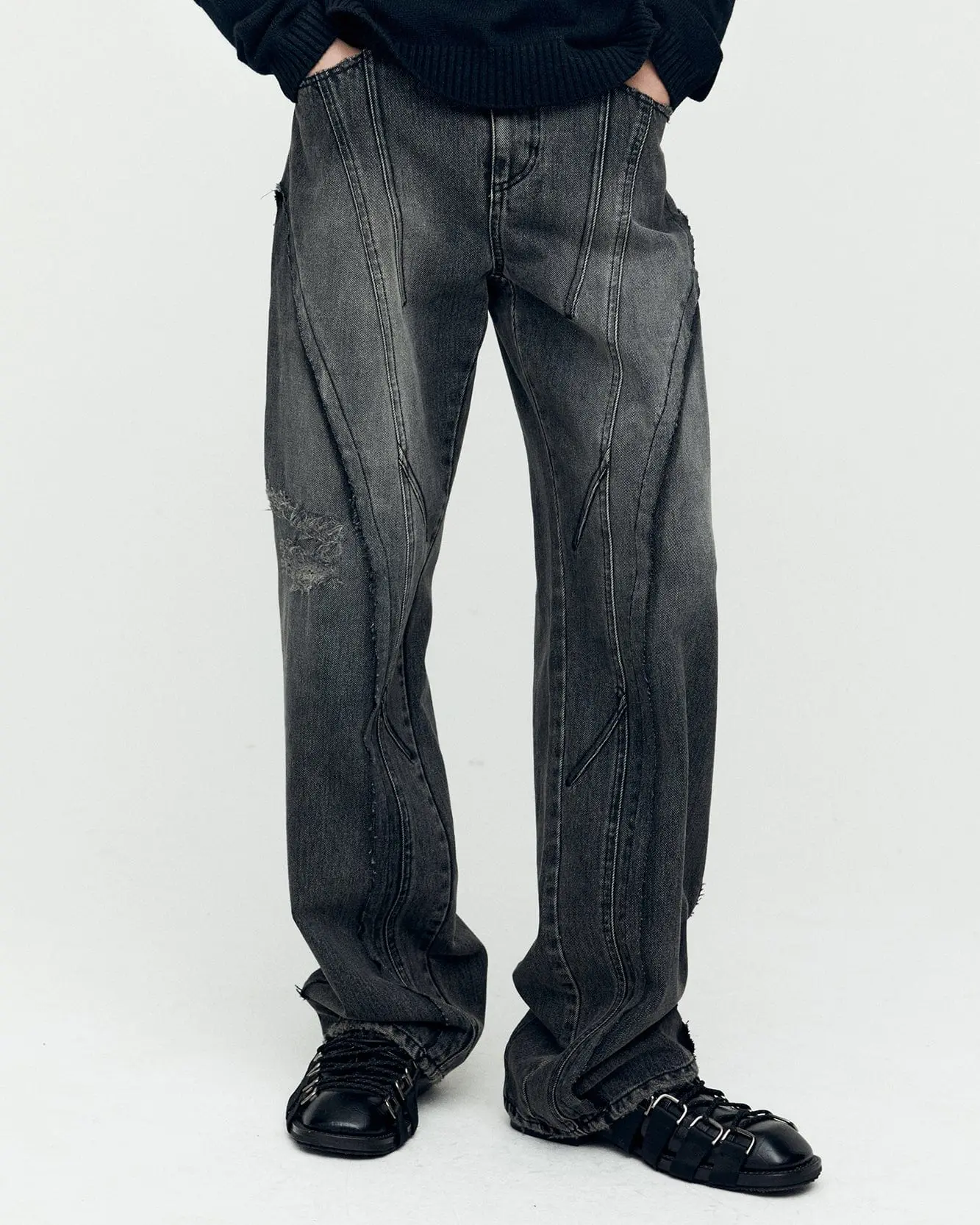 Panel Carpenter Wide-Leg Jeans (Washed Black)
