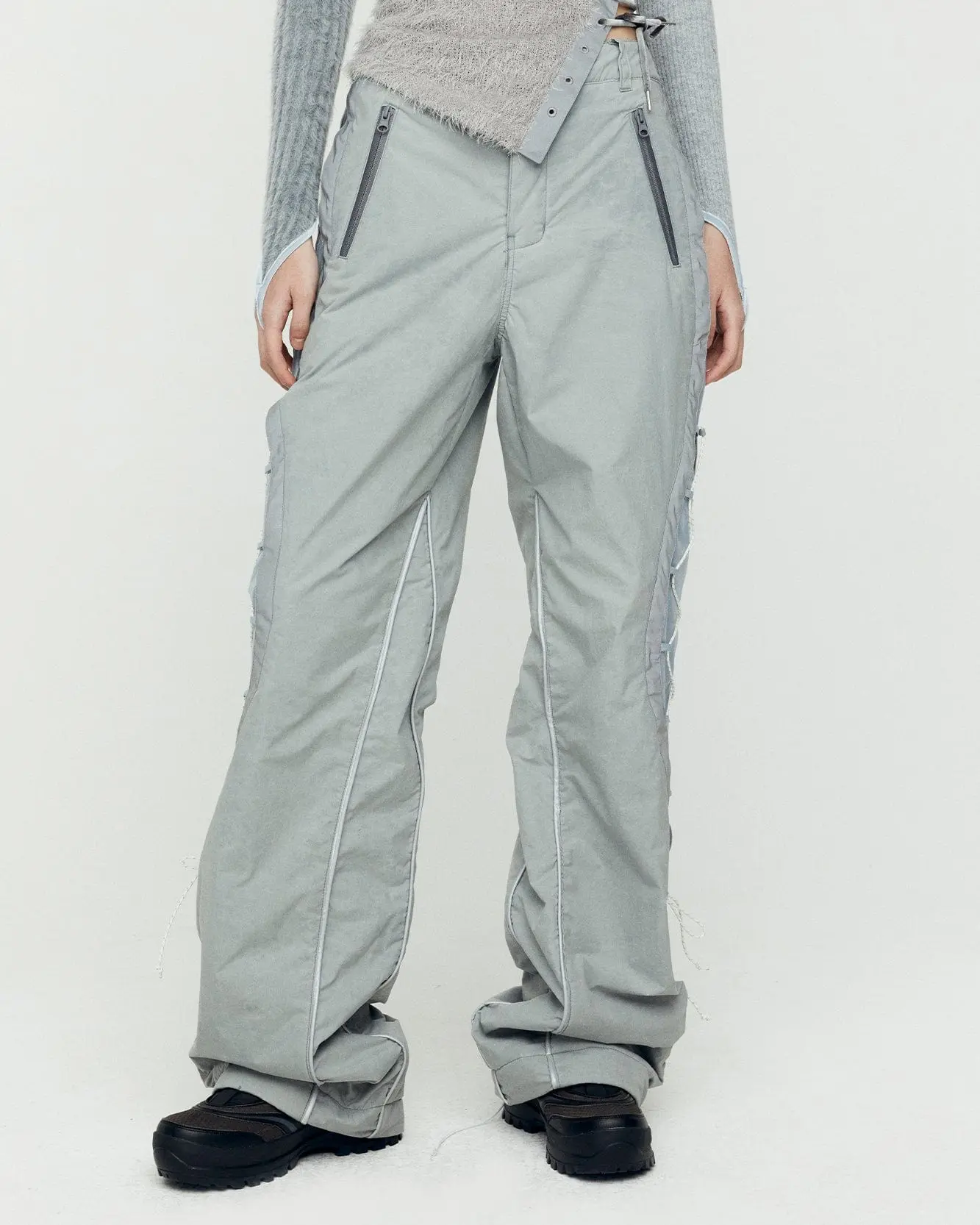 Crack Padded Lace-Up Wide Pants (Grey)