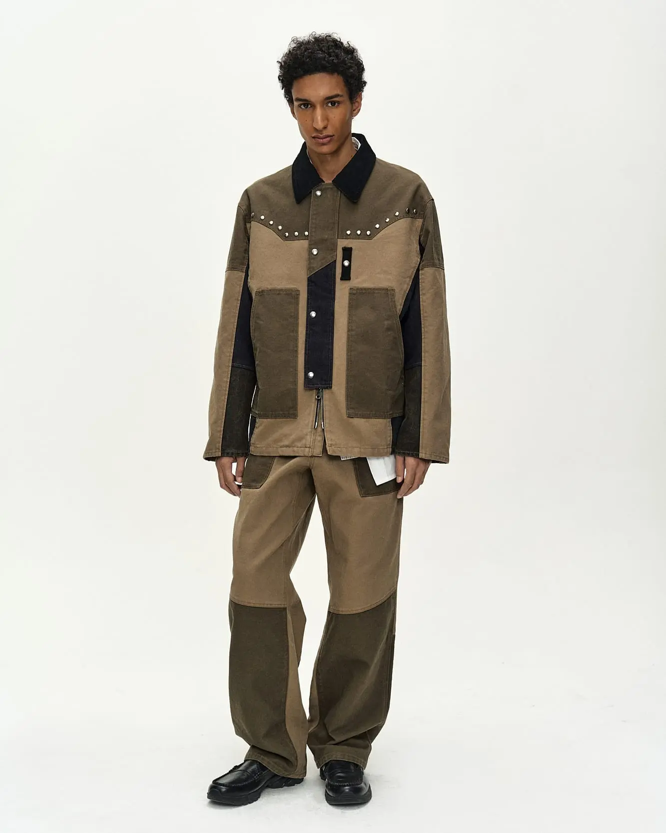 Austin Patchwork Washed Wide-Leg Jeans (Khaki)