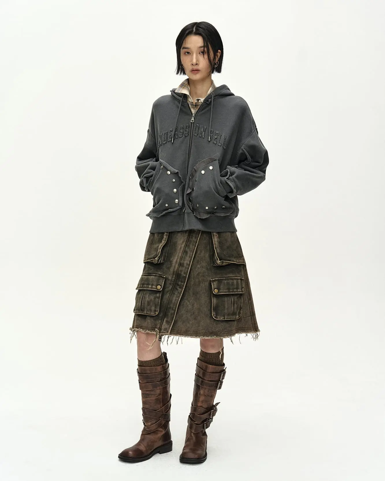 Raw-Cut Studded Zip-Up Hoodie (Charcoal)