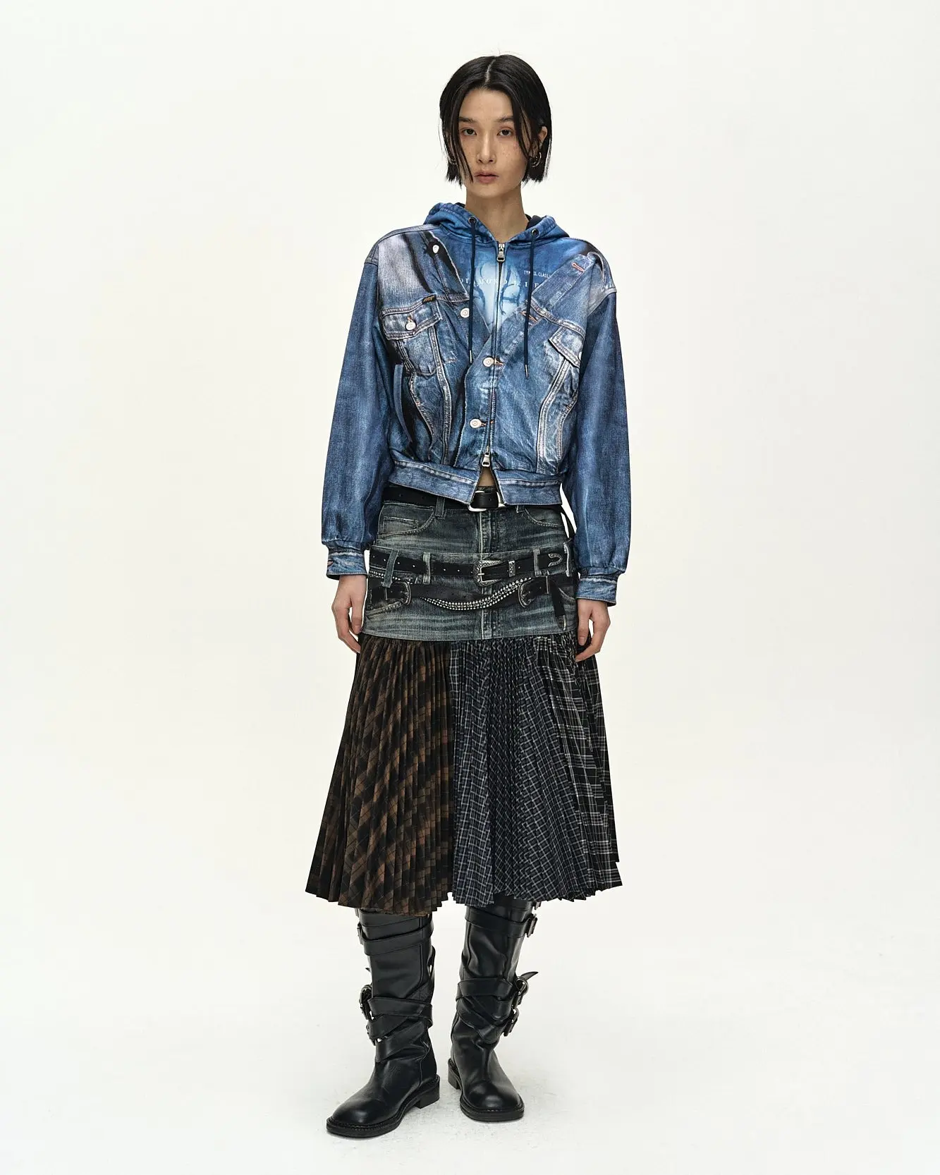 Denim Layered Trompe L'Oeil Hoodie (Blue)