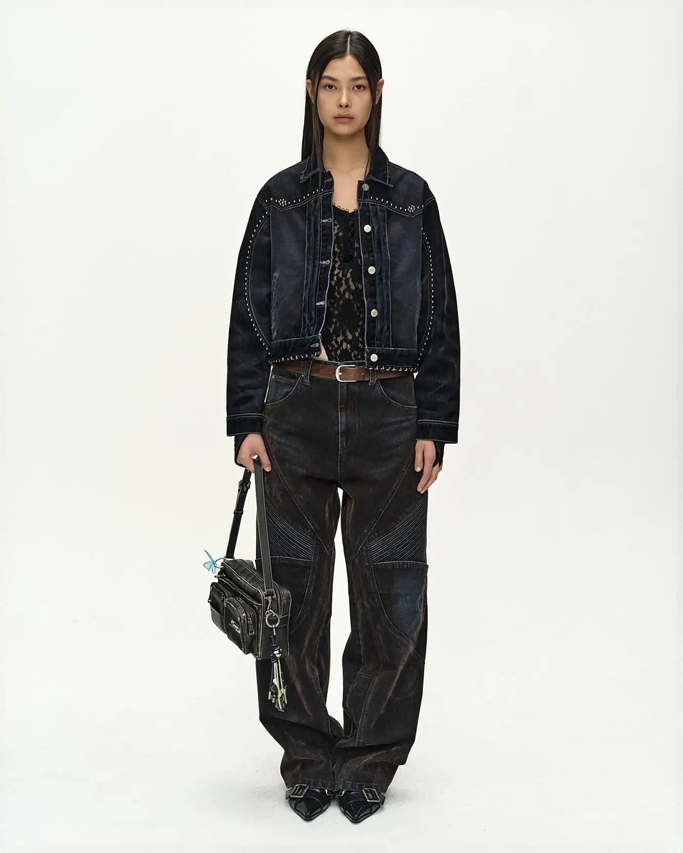 Studded Velvet Denim Jacket (Black/Navy)