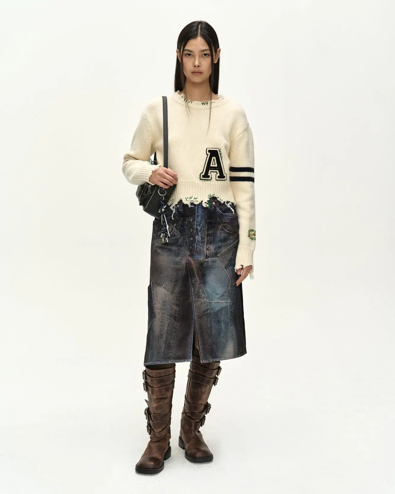 Distressed Varsity Patch Sweater (Cream)