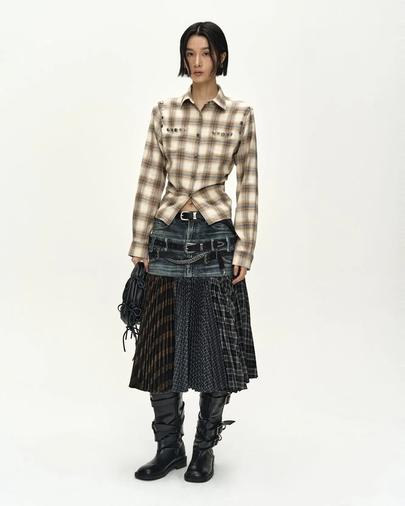 Double Belt Printed Accordion Pleats Skirt (Blue)