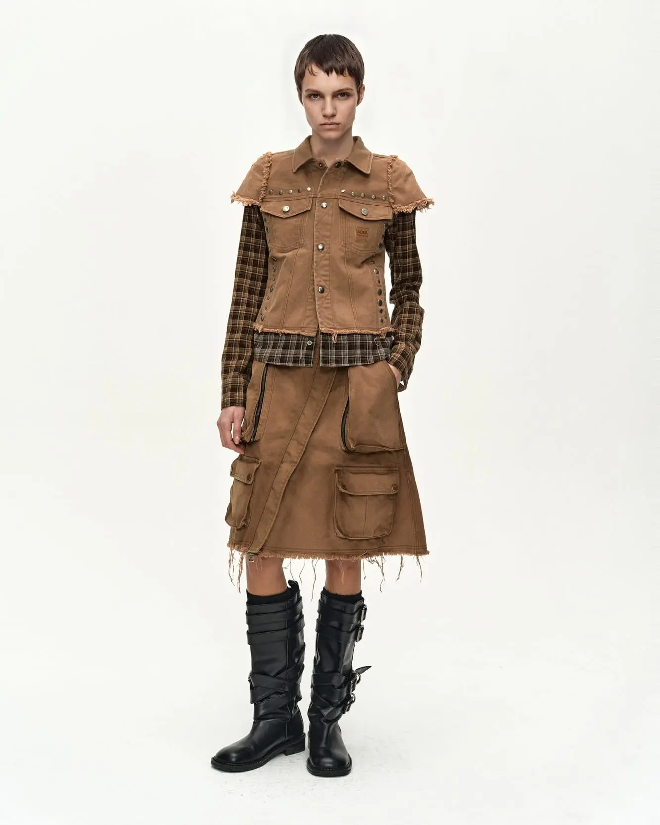 Layered Studded Vest Shirt (Brown)