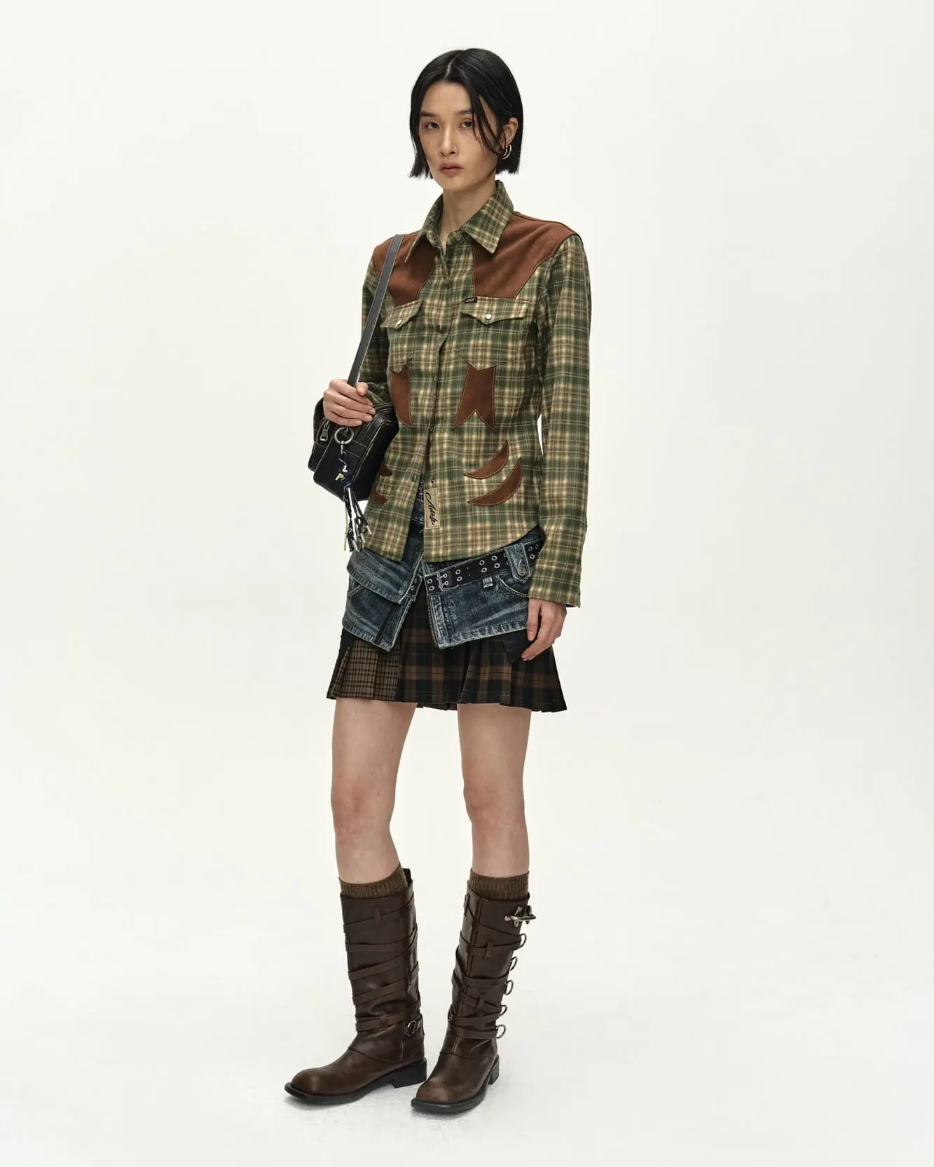 Checkered Western Patched Shirt (Green)