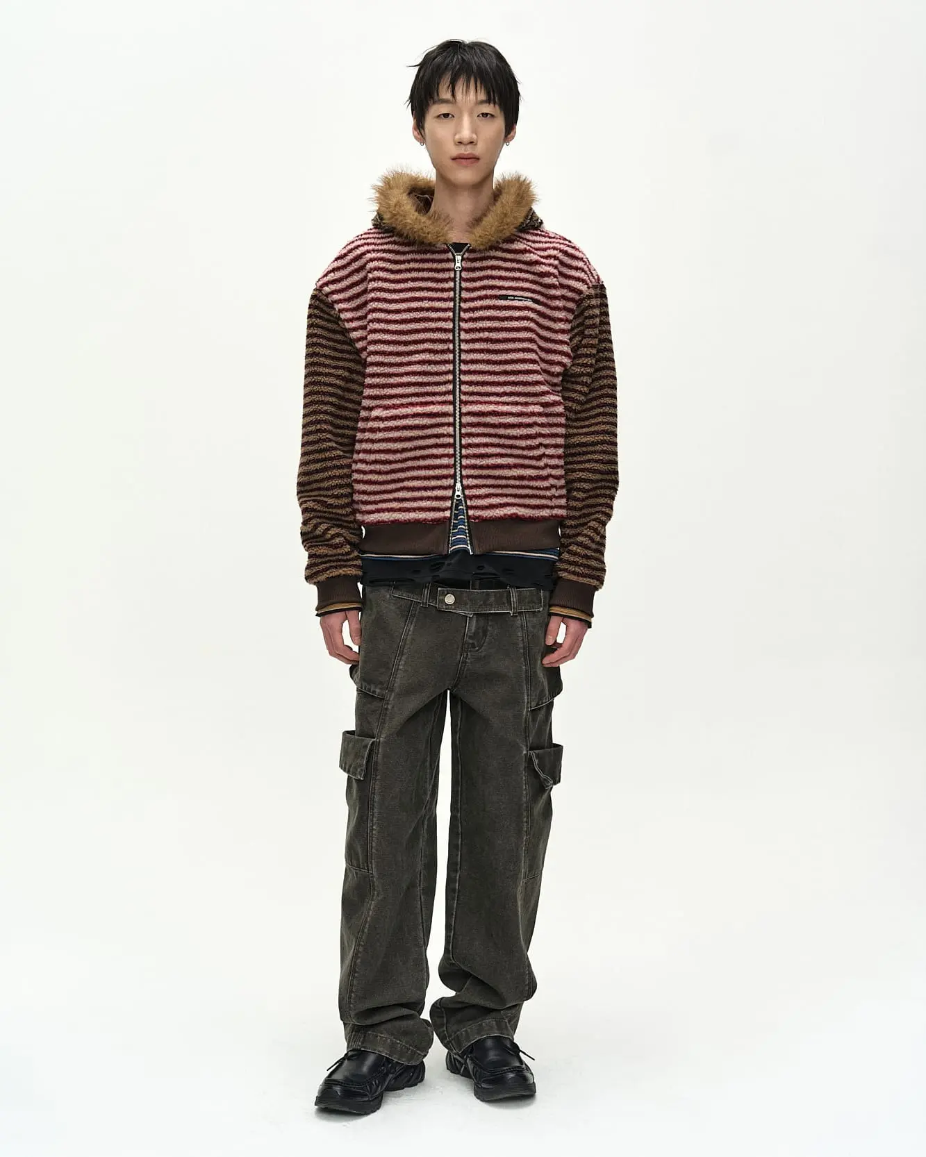 Stripe Patchwork Fleece Hoodie Zip-Up (Multi)