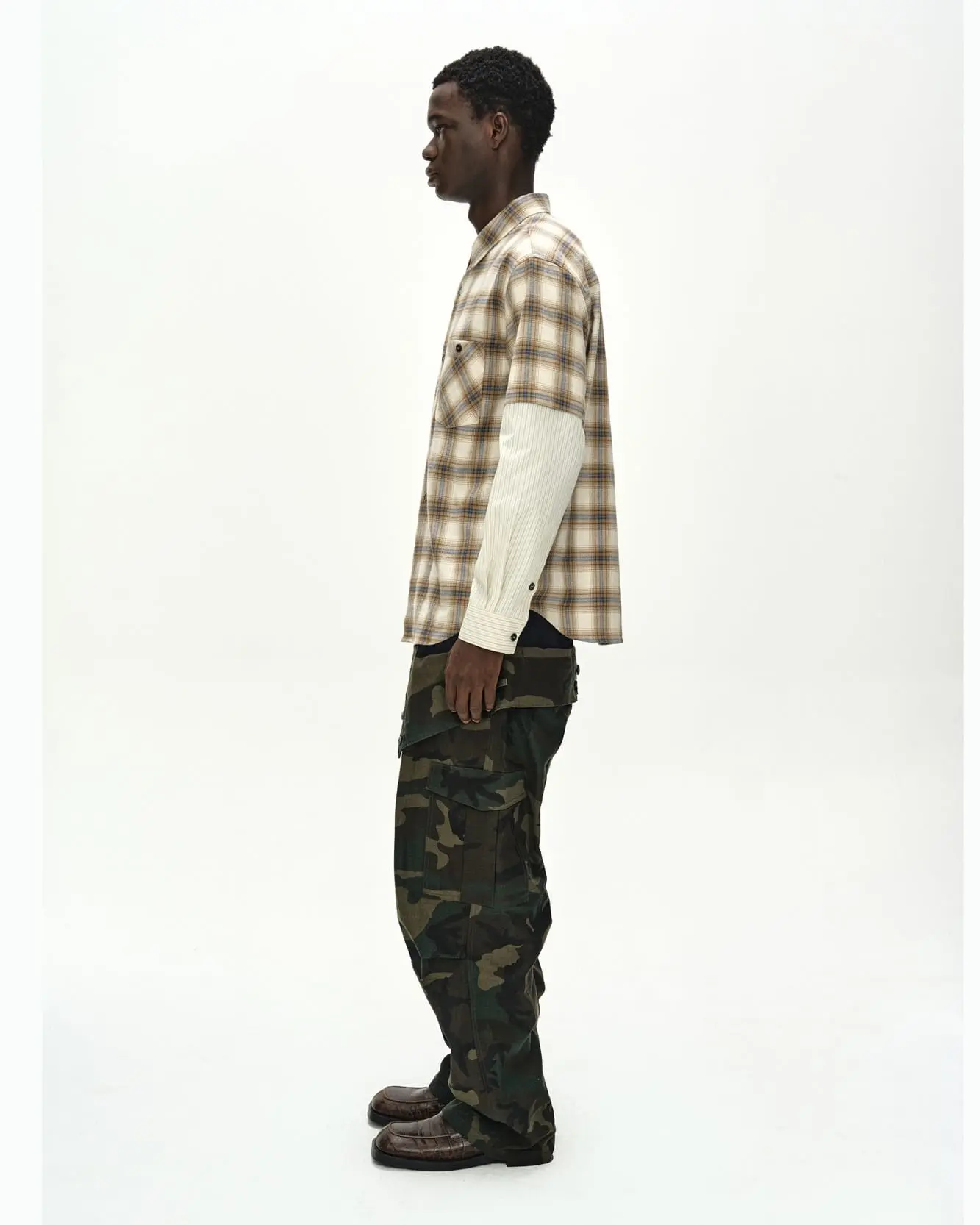 Sleeve Layered Check Shirt (Ivory Stripe)