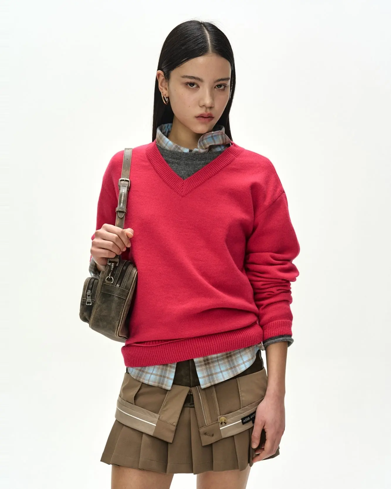 Layered V-Neck Sweater (Magenta)