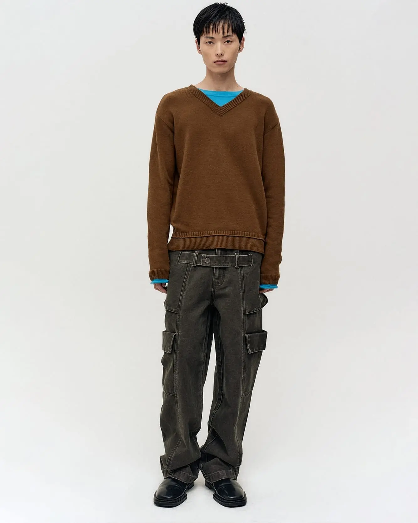 Layered V-Neck Sweater (Brown)