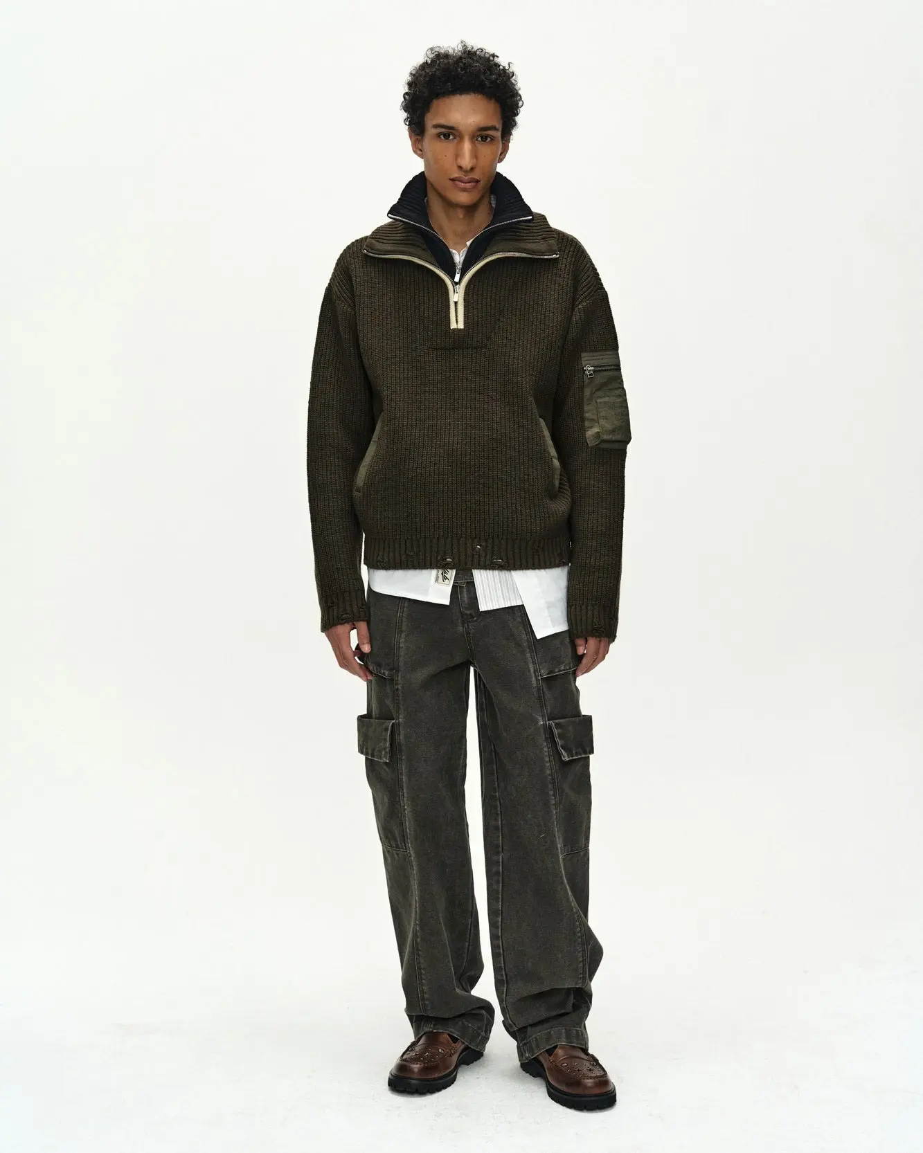 Double Layered Quarter Zip-Up Sweater (Khaki/Black)