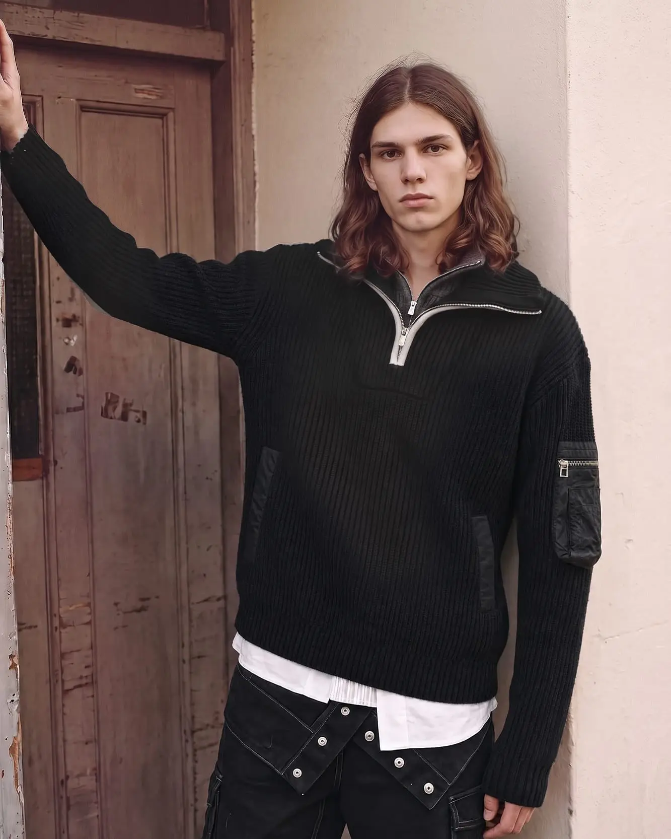 Double Layered Quarter Zip-Up Sweater (Black/Grey)