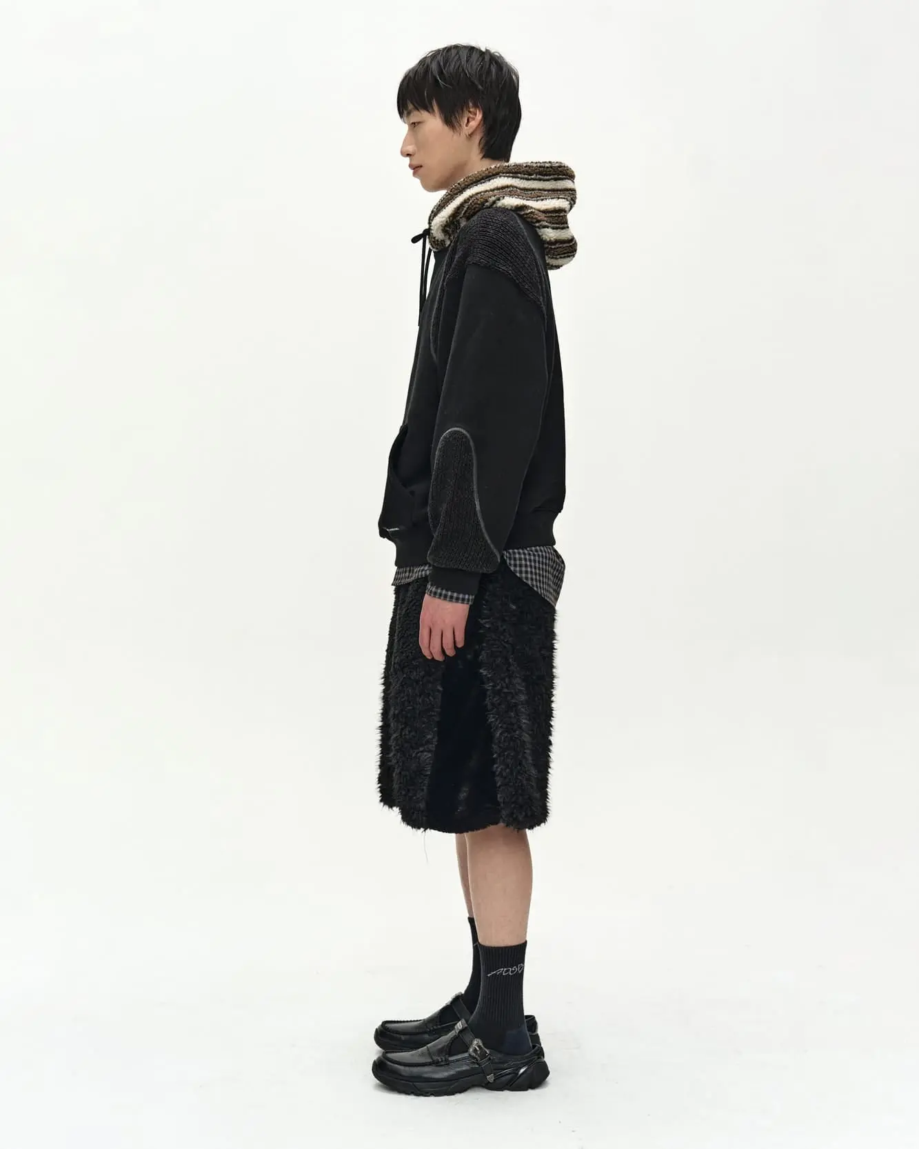 Knit Panel Fleece Hoodie (Black)