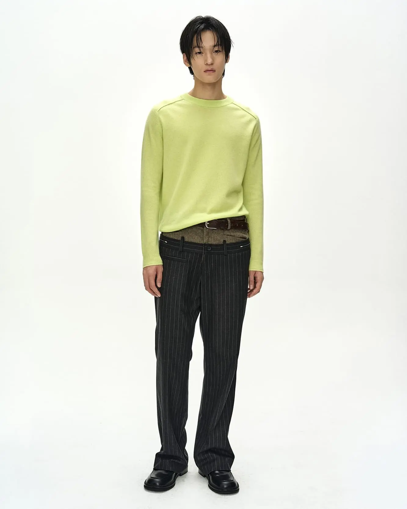 Double Waist Stripe Wool Trousers (Dark Grey/Beige)