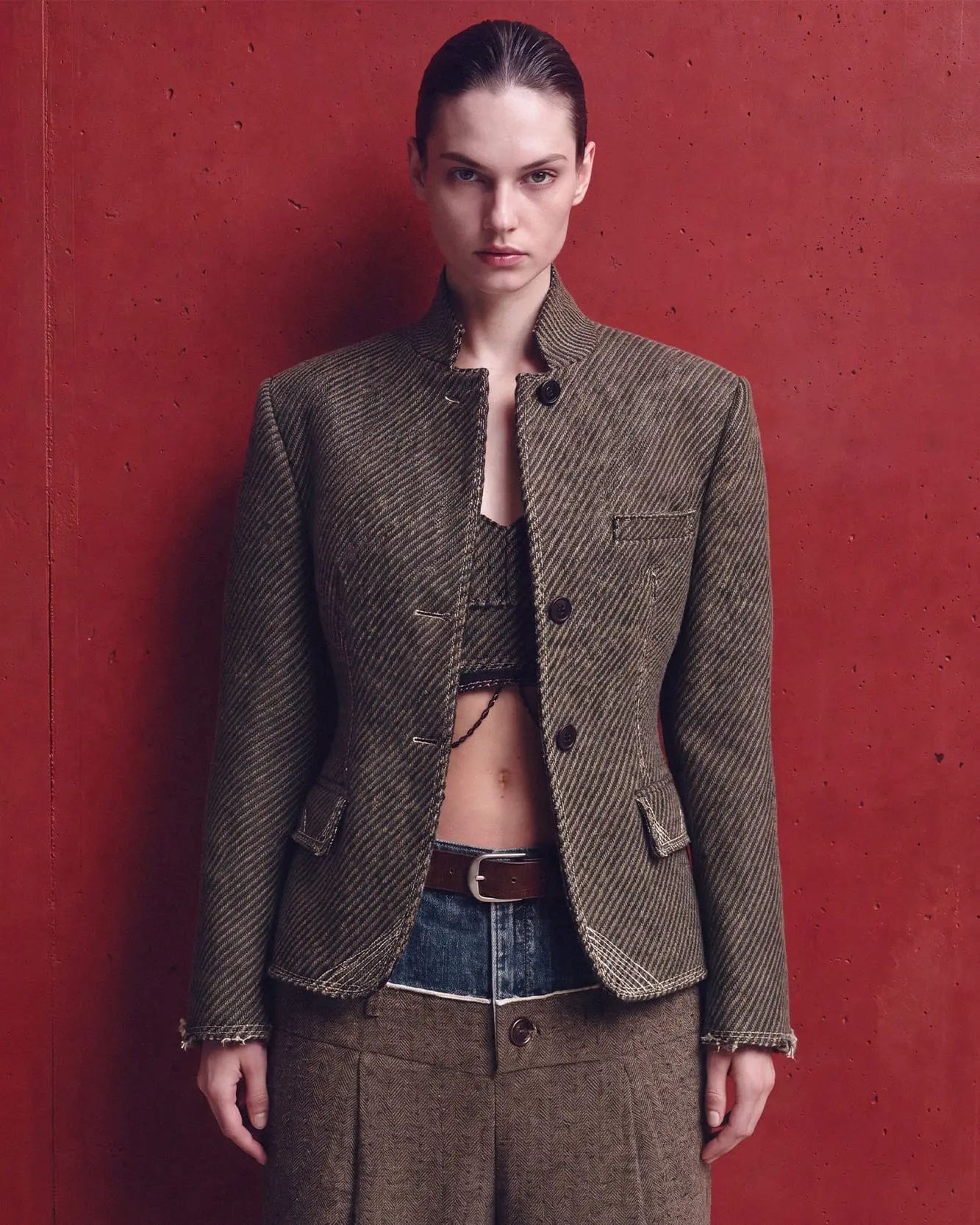Wool Twill Cropped Tailored Jacket (Brown)