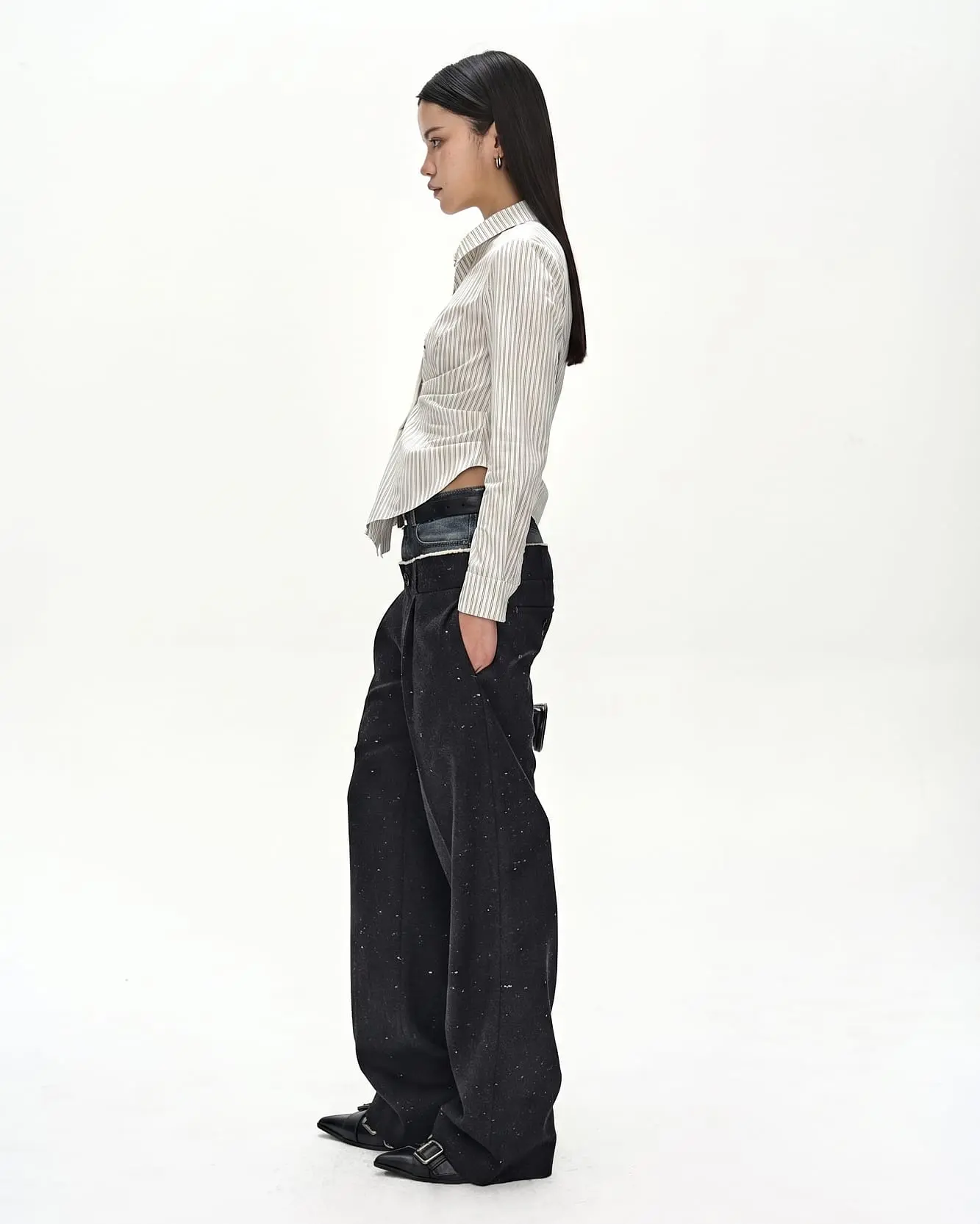 Stripe Draped Waist Shirt (Ecru)
