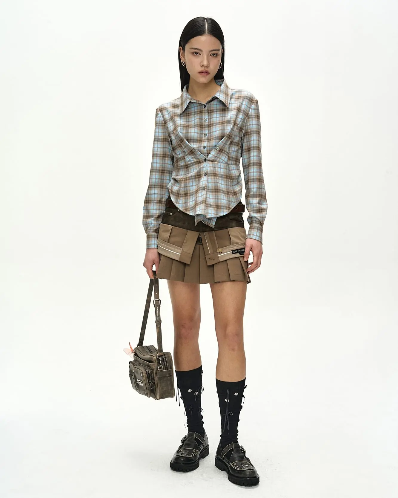 Check Draped Waist Shirt (Blue/Orange)