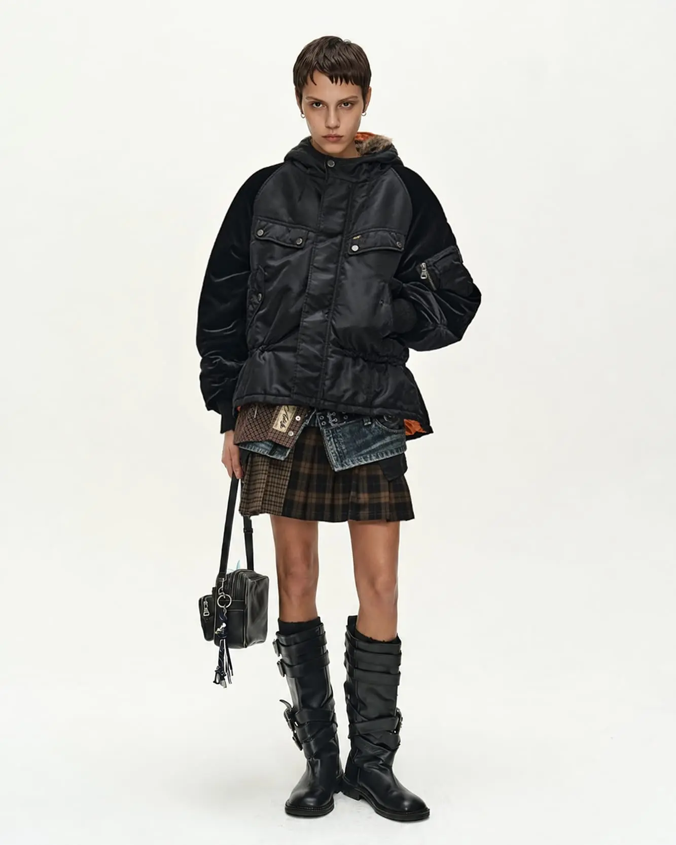 Utility Hooded Puffer Peplum Jacket (Black)