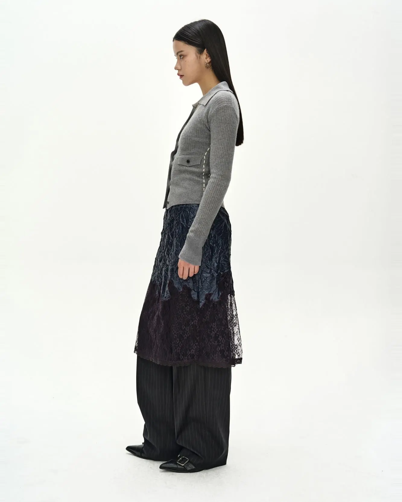 Cashmere Hand Stitched Rib Cardigan (Melange Grey)