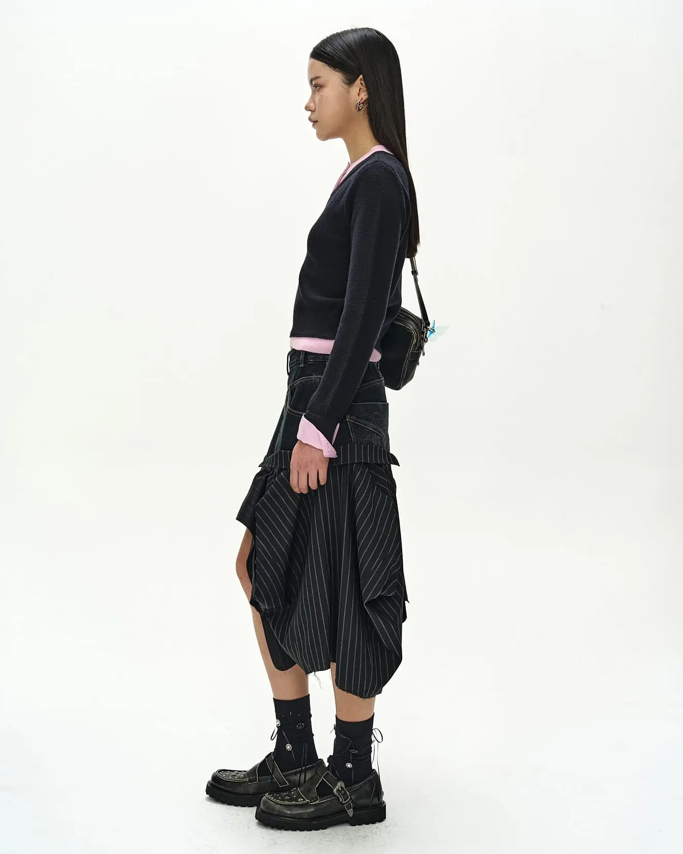 Layered Shirt Cuff Knit Top (Navy/Pink)