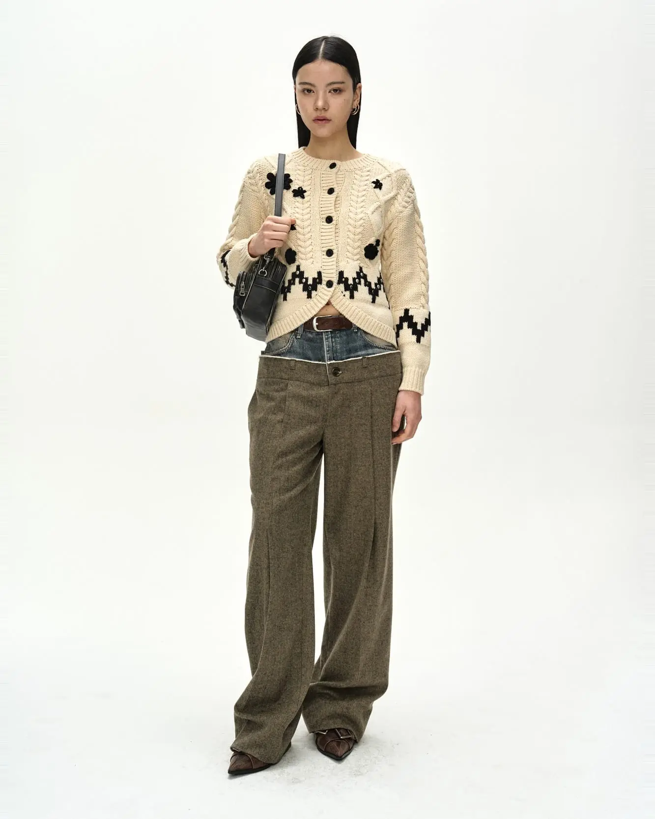 Denim-Waist Herringbone Trousers (Khaki Brown)