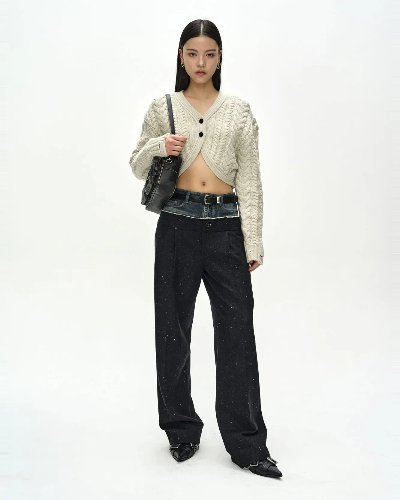 Denim-Waist Nep Wool Trousers (Black)