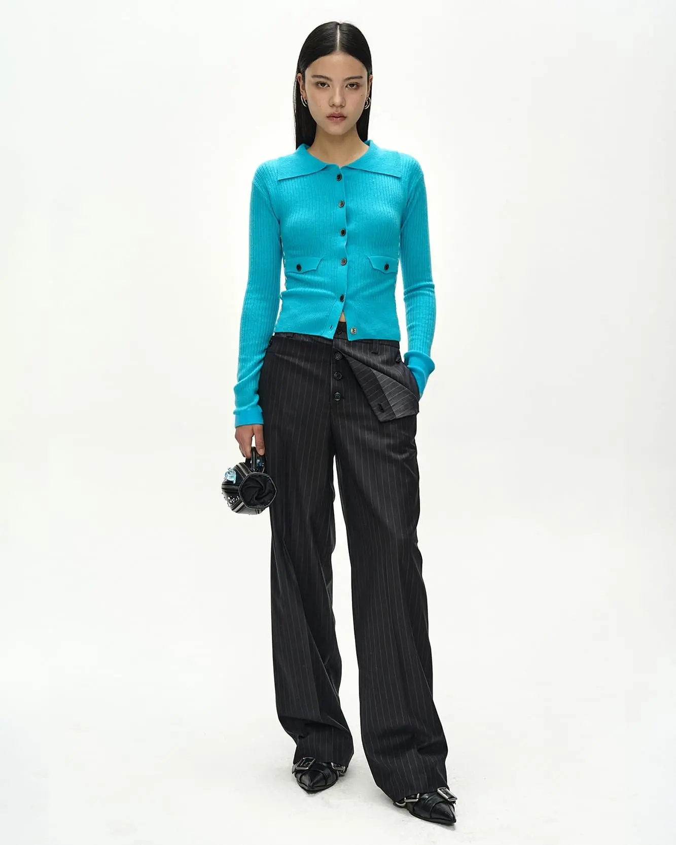 Cashmere Hand Stitched Rib Cardigan (Blue)