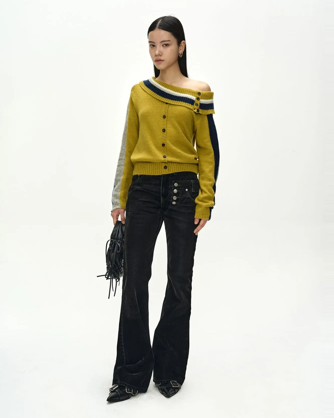 Asymmetric Layered Bootcut Pants (Black)