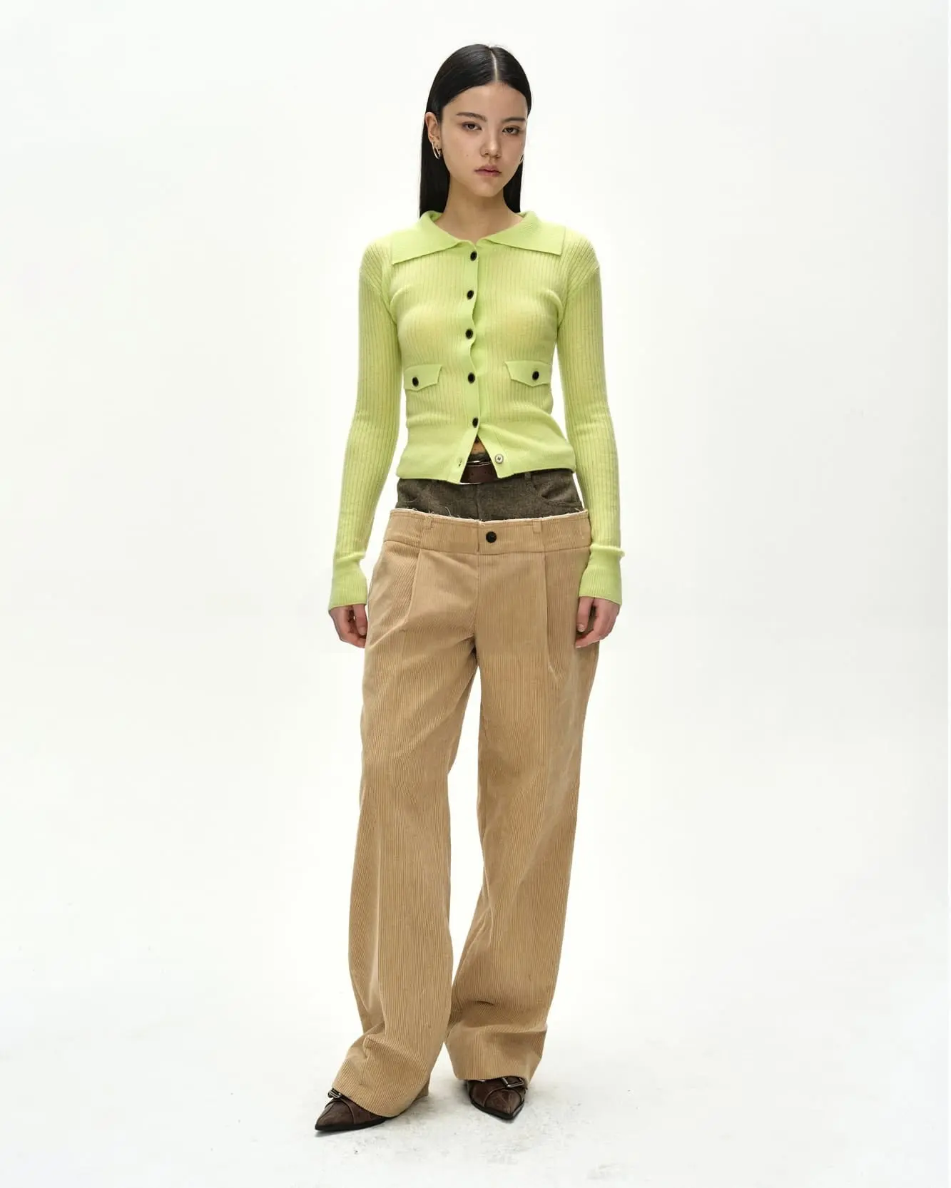 Herringbone-Waist Corduroy Trousers (Beige)