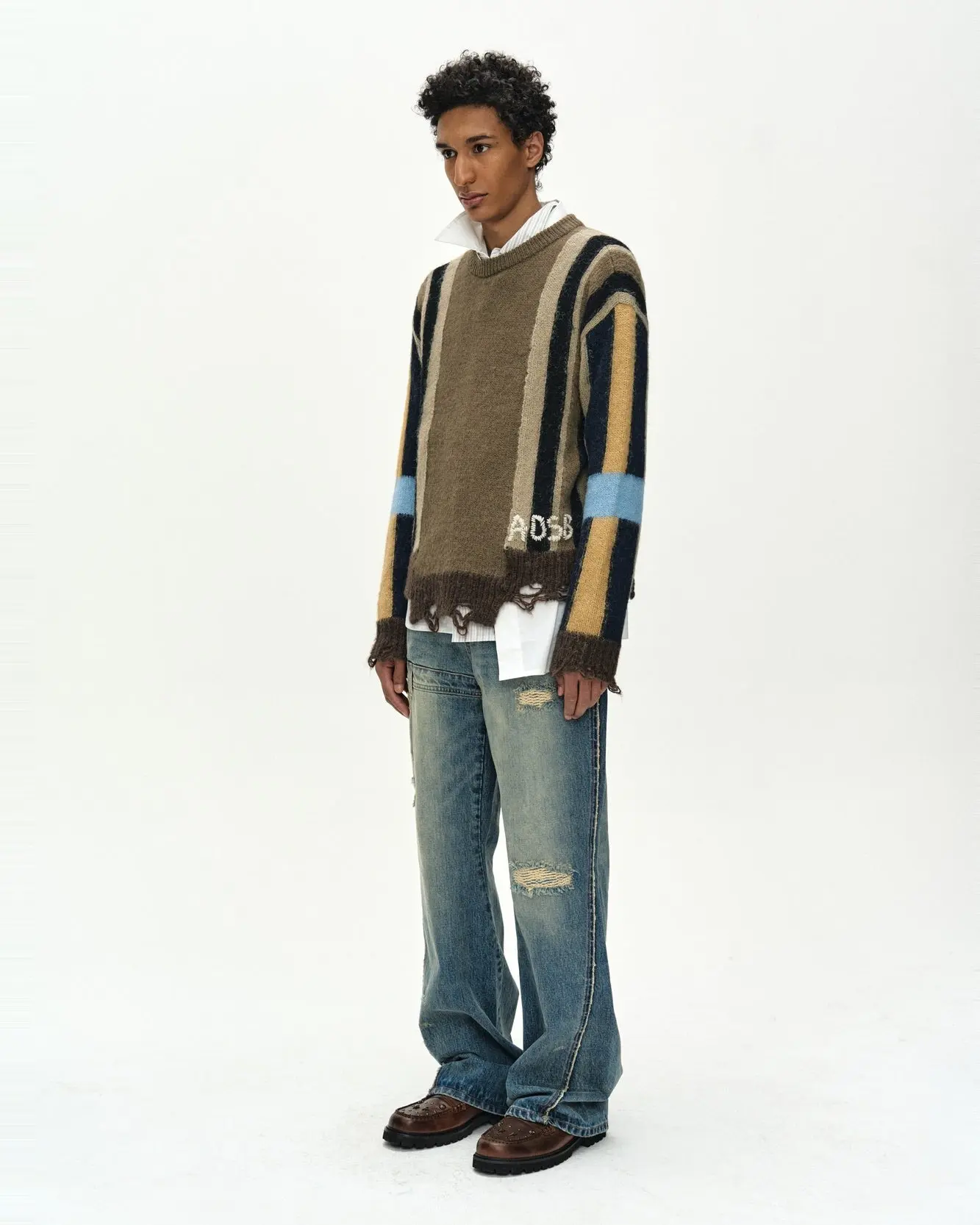 Layered Stripe Intarisa Crew Neck Sweater (Camel)