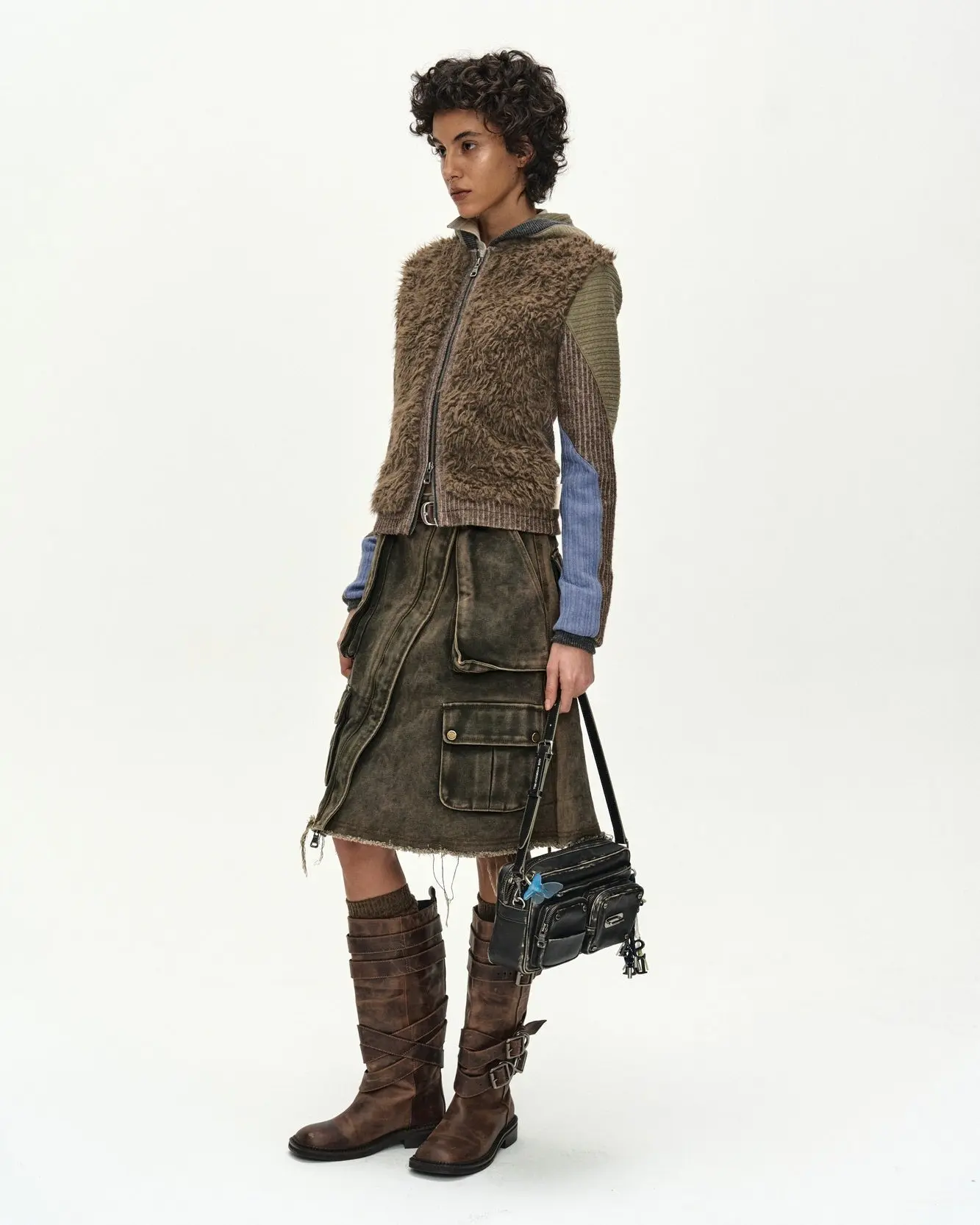 Fur Color-Blocked Hooded Zip-Up (Brown/Blue)