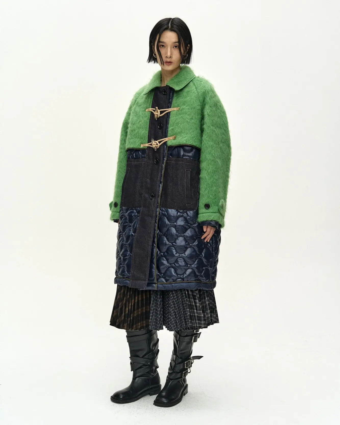 Lawn Hairy Wool Quilted Duffle Coat (Lichen Green/Black)