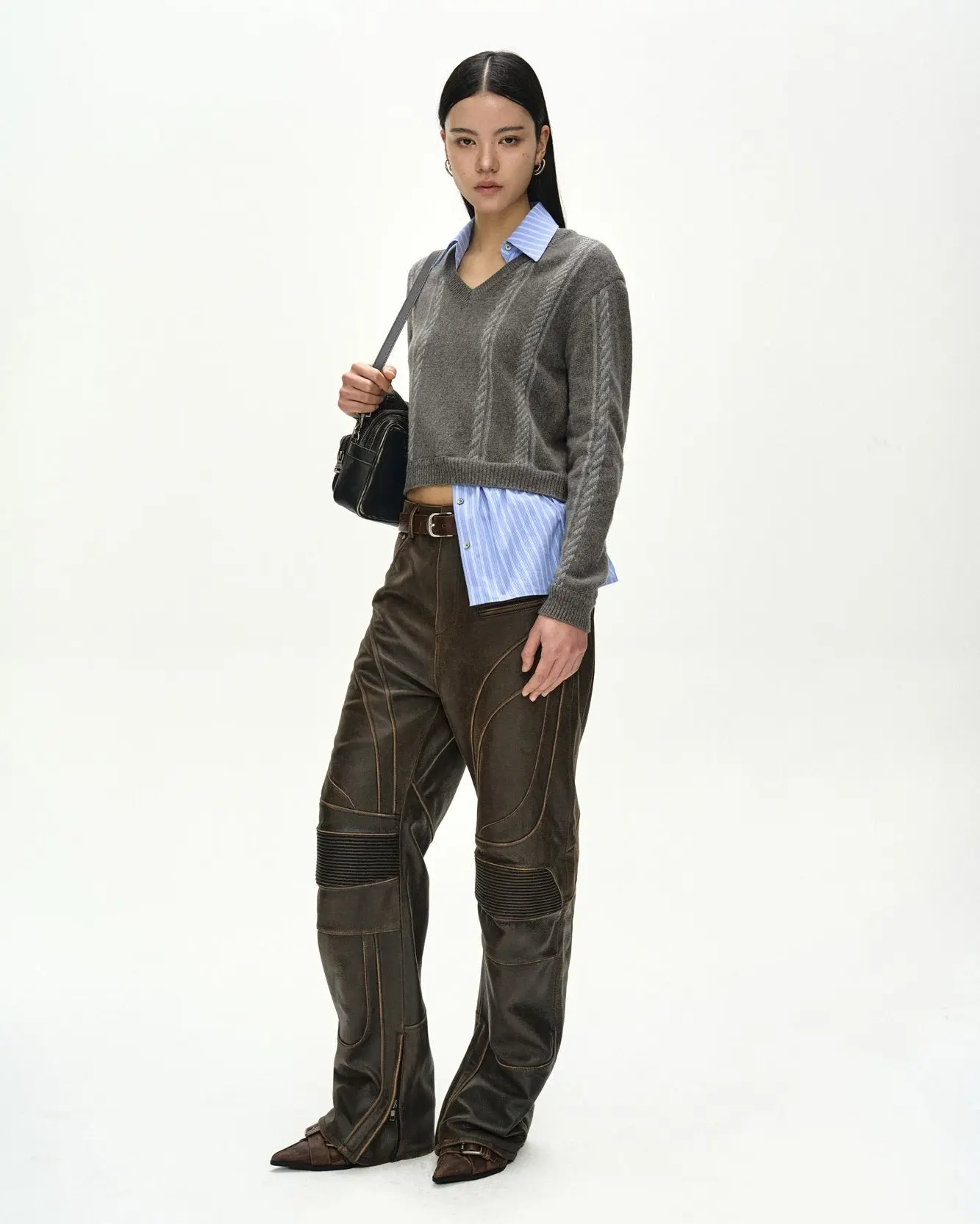 Shirt Insert V-Neck Sweater (Grey/Blue)