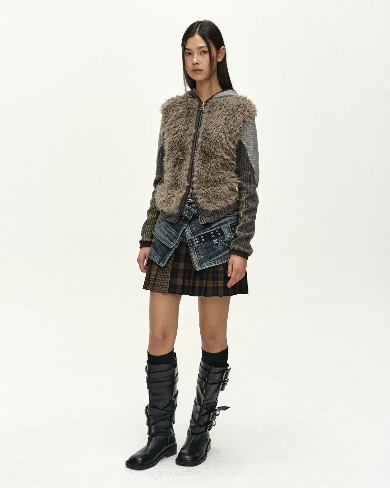 Fur Color-Blocked Hooded Zip-Up (Charcoal/Khaki)