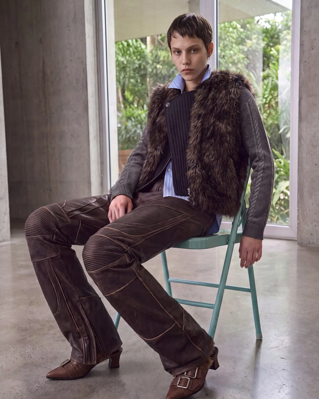 Leather Articulated Panel Jeans (Brown)
