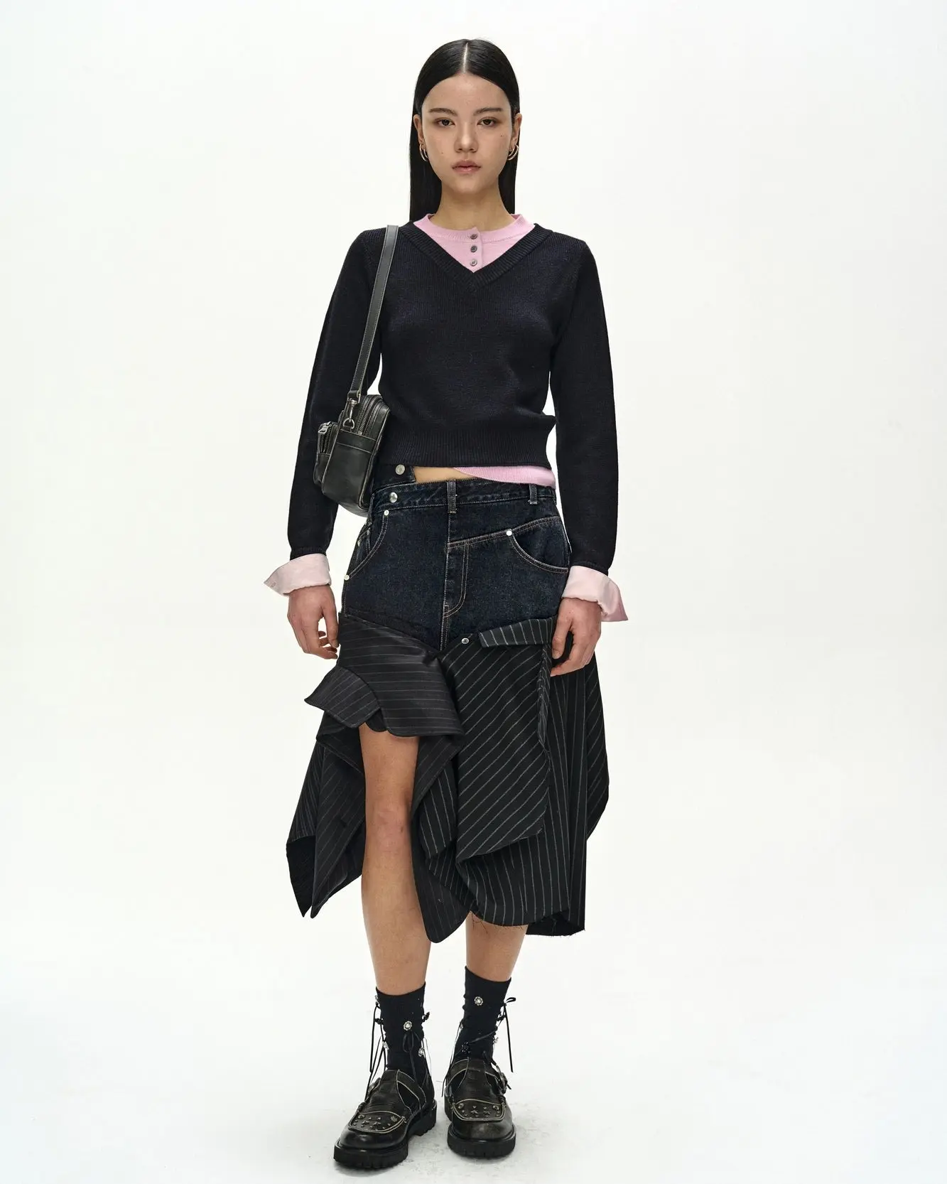 Reworked Denim Panel Wrap Skirt (Black)