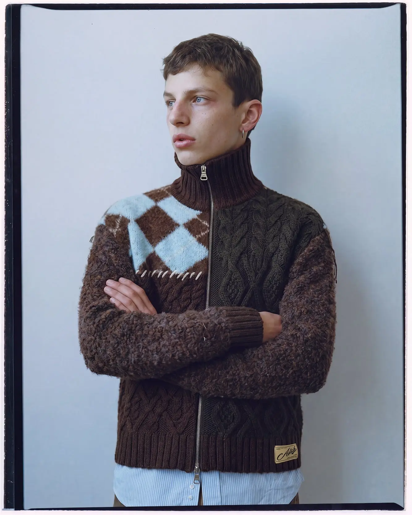 Patchwork Zip-Up Sweater (Brown/Khaki)