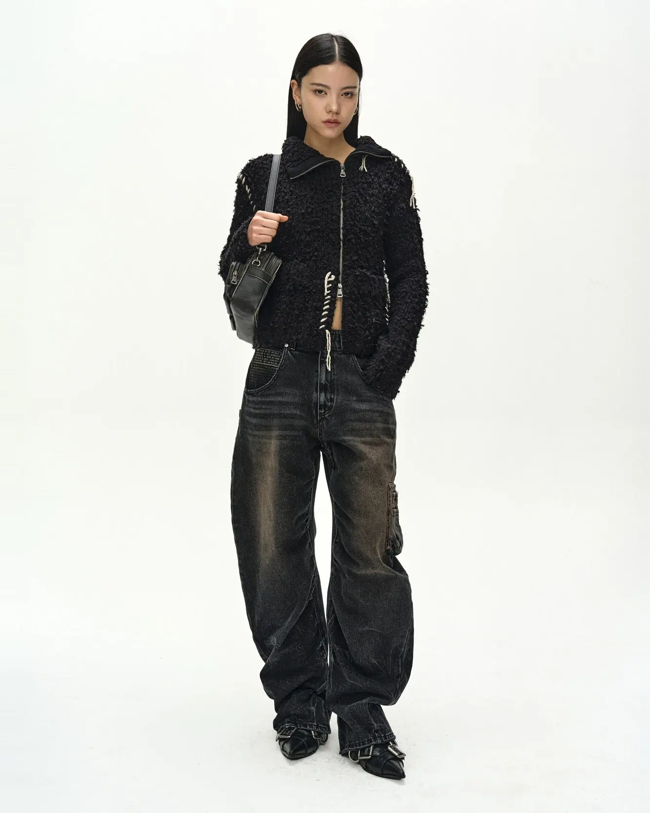 Hand Stitched Hairy Zip-Up Cardigan (Black)