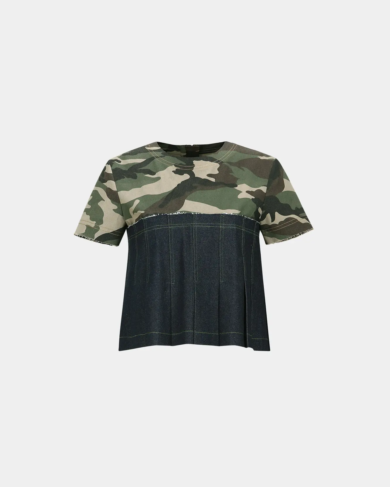 Camouflage Pleats Denim Top (Khaki Indigo)
