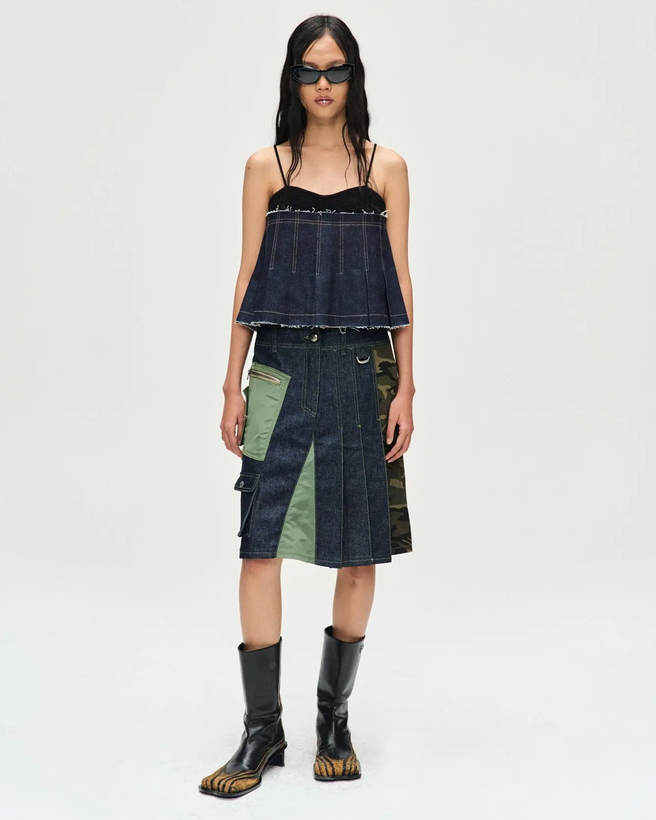 Kina Pleats Denim Sleeveless Knit Top (Black Indigo)
